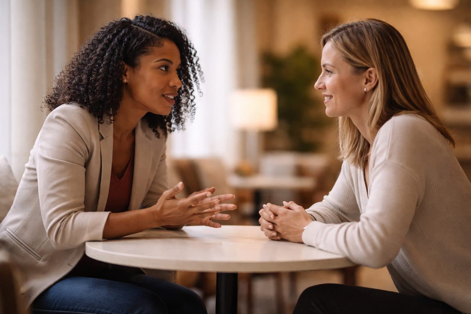 Two people sit across from each other at a small round table in a softly lit, warm-toned interior. One leans forward while speaking with engaged hand gestures, and the other listens attentively with a slight smile, maintaining eye contact. The background is softly blurred, emphasizing the focused, intimate, and professional conversation.